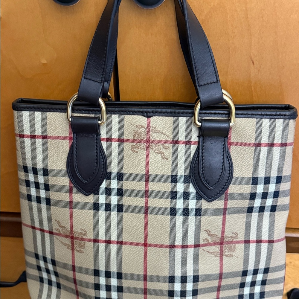Burberry Beige Plaid Tote with Black Leather Handles